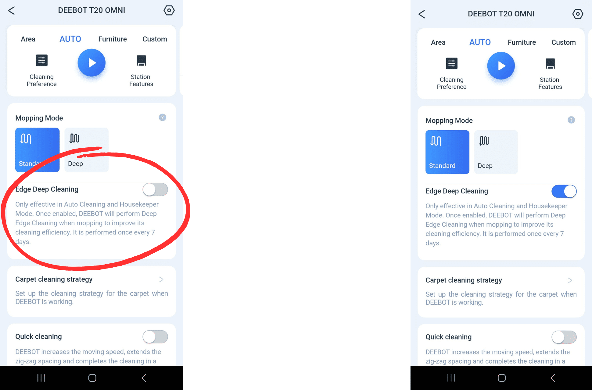 Die Option zur gründlicheren Leistenreinigung wird in der ECOVACS DEEBOT T20 OMNI Handy-App eingestellt.